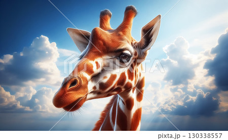 Giraffe head close up in blue sky 130338557