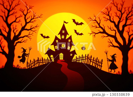 満月と魔女・洋館・切り絵風のハロウィンイラスト 130338639