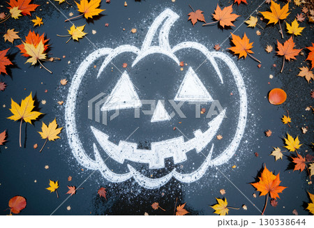 アスファルトに描かれたカボチャの落書き・秋の落ち葉・ハロウィン 130338644