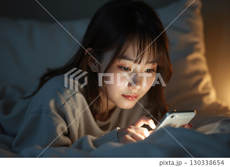 就寝前にスマホを操作する若い女性・睡眠不足や睡眠障害のイメージ 130338654