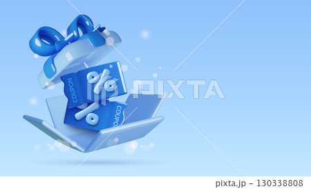 Blue 3D coupons in a gift box with light circles - holiday sale vector background with copy space Blue 3D coupons in a gift box with light circles - holiday sale vector background with copy space 130338808