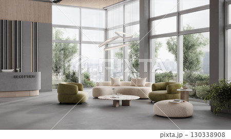 Modern hall interior with reception desk in fitness center with wood panel and panoramic windows, wooden floor, fitness center front desk, 3d rendering Modern hall interior with reception desk in fitness center with wood panel and panoramic windows, wooden floor, fitness center front desk, 3d rendering 130338908