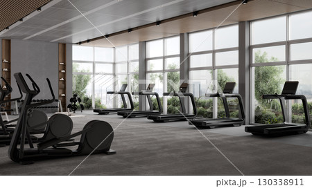 Modern gym interior with sport and fitness equipment, fitness center interior, crossfit and workout gym, 3d rendering 130338911