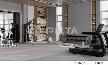 Modern gym interior with sport and fitness equipment, fitness center interior, workout gym background, 3d rendering Modern gym interior with sport and fitness equipment, fitness center interior, workout gym background, 3d rendering 130338912