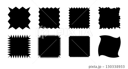 Square shapes with jagged borders. Frames with zigzag, sharp, corrugated and curved edges. Vector illustration set isolated on transparent for stickers, tags, labels, stamps, badges 130338933