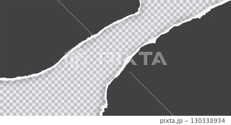 Torn black paper sheet with ripped edges on transparent background. Scrapbook edge, notebook tear, blank page split vector illustration. Damaged letter, document mockup, promotion banner 130338934