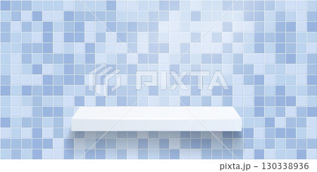 White shelf on mosaic white blue tile background. Bathroom, kitchen or pool interior for product display. Realistic 3d vector illustration 130338936