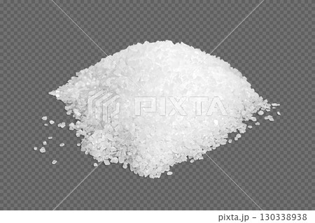 Sea salt pile isolated on transparent background. Heap of sugar on table. White grain crystals. Natural mineral for cooking, bath, spa. Realistic vector illustration 130338938