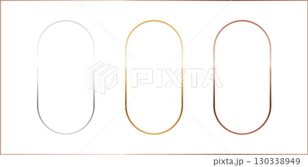 Gold, silver and bronze oval frames. Vertical thin metal ellipse photo or picture frames isolated on transparent background. Simple object mockup. 3d abstract empty template vector illustration set 130338949