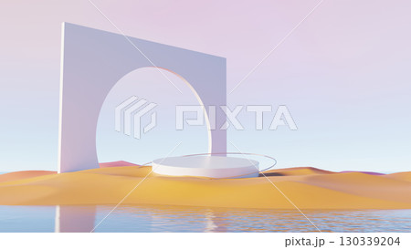 3d render, minimal arch structure with circular platform in pastel desert 130339204