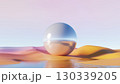 3d render, reflective sphere on pastel desert landscape with water reflection 130339205