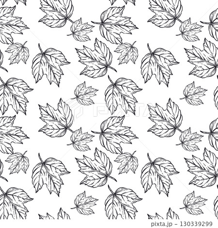 Seamless vector pattern from viburnum leaves. The leaves are large and small, hand-drawn with ink. The illustration is suitable for printing on fabric, paper, for product packaging design. 130339299
