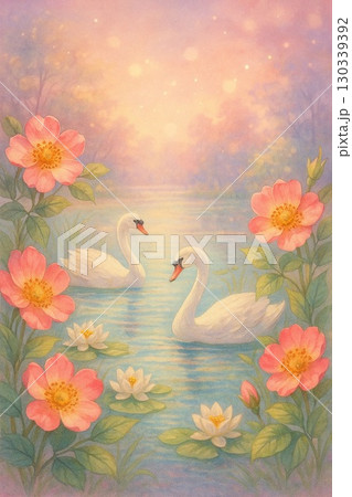 湖に浮かぶ白鳥と花々のファンタジー 130339392