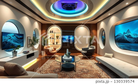 Futuristic Home Theater with Curved Screens and Modern Furniture Futuristic Home Theater with Curved Screens and Modern Furniture 130339574