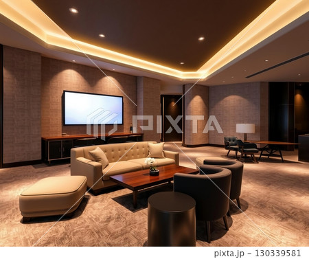 Inviting Hotel Lobby Lounge with Comfortable Seating and Warm Lighting 130339581
