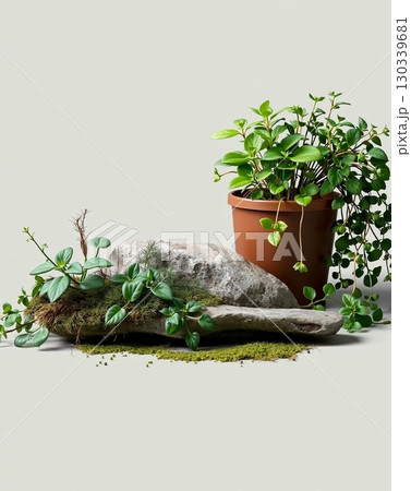 Green Serenity: A Tranquil Still Life with Plants, Rocks, and Moss 130339681
