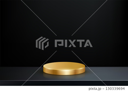 Gold podium for award or product display vector illustration. Empty 3d metal stand on black background. Luxury elegant platform for cosmetics presentation or award ceremony 130339694