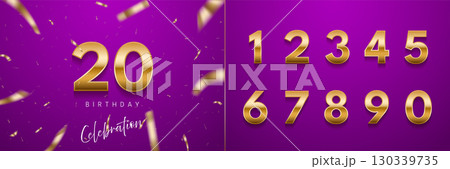 Birthday anniversary golden numbers set template with number 20. Celebration birthday vector background. Gold numbers on purple backdrop with confetti for party invitation, greeting card, poster 130339735