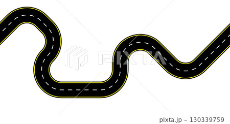 Top view illustration of a curved highway with dashed center lines and wavy asphalt texture winding path perfect for transport maps route graphics and empty lane backgrounds 130339759