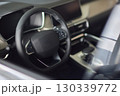 Closeup of a modern car steering wheel with control buttons for technology and convenience 130339772