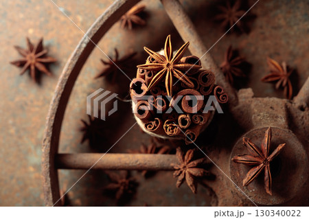 Cinnamon sticks and anise on a rusty background. Cinnamon sticks and anise on a rusty background. 130340022