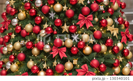 Christmas tree decorated with red, gold, and glitter ornaments, bows, stars and lights for festive holiday celebration 130340101