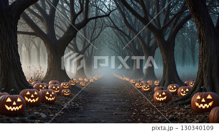 Glowing jack-o'-lanterns line a dark foggy forest path, creating a spooky Halloween scene with eerie atmosphere and twisted trees. Glowing jack-o'-lanterns line a dark foggy forest path, creating a spooky Halloween scene with eerie atmosphere and twisted trees. 130340109