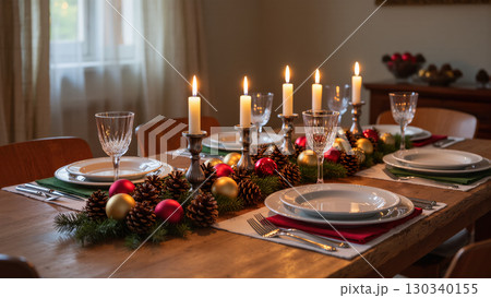 Elegant Christmas dinner table with candles, pinecones, and festive ornaments set for a cozy holiday celebration. Warm seasonal atmosphere. 130340155
