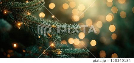 Christmas fir tree branch with warm golden lights and bokeh background. Soft winter glow and holiday atmosphere. 130340184