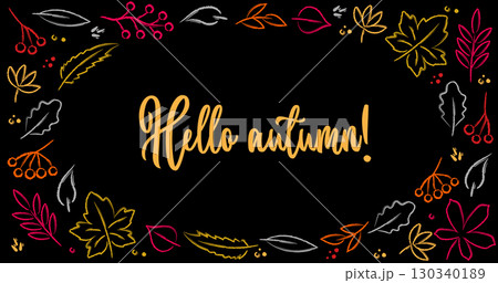 Autumn season banner with hand drawn colorful crayon leaves on black background. Autumn season banner with hand drawn colorful crayon leaves on black background. 130340189