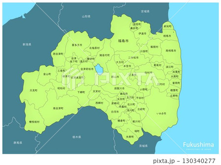 きれいな海と福島県の地図。日本の東北地方の地図より。（市町村の名前） 130340277