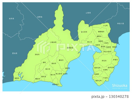 きれいな海と静岡県の地図。日本の東海地方の地図より。(市町村の名前) きれいな海と静岡県の地図。日本の東海地方の地図より。(市町村の名前) 130340278