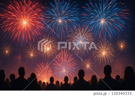 Fourth of July Celebration Outdoor Park Fireworks Display Nighttime Sky Audience Silhouette Vibrant Atmosphere 130340333
