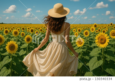 Woman in Flowing Dress Walking Through Sunflower Field Under Blue Skies Nature Scene Vibrant Landscape Sunny Day 130340334