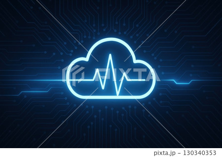 Digital Transformation in Cloud Computing Blue and White Cloud Icon Over Circuit Board Futuristic Tech Concept 130340353