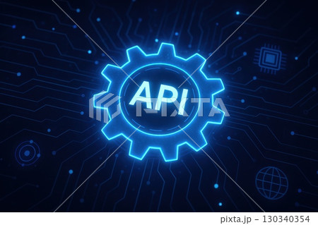 Futuristic API Development Concept with Blue Gear and Circuit Nodes Digital Technology Environment Glowing Background 130340354