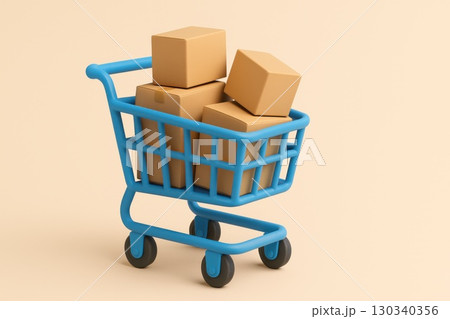 Online Retail Action Blue Shopping Cart Filled with Cardboard Boxes Pastel Background Modern Illustration Ecommerce Concept 130340356