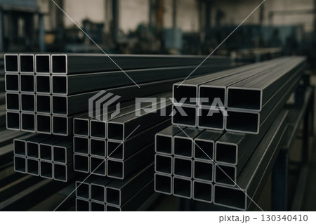 Industrial Manufacturing of Hollow Metal Square Tubes in Workshop Perspective View Steel Supply Chain Concept 130340410