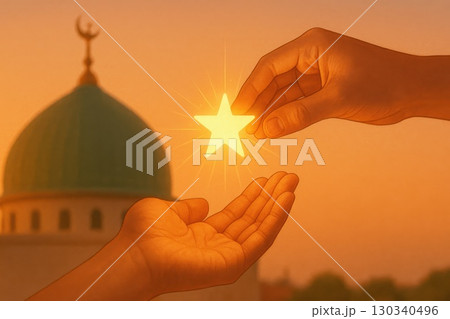 Charity Event Hand Offering Glowing Star Mosque Dome Twilight Islamic Generosity Visual Warm Tones 130340496
