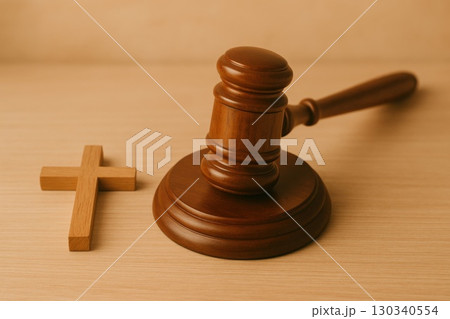 Religious Freedom Law and Faith Intersection Legal Symbolism Spiritual Context Wooden Gavel and Cross 130340554