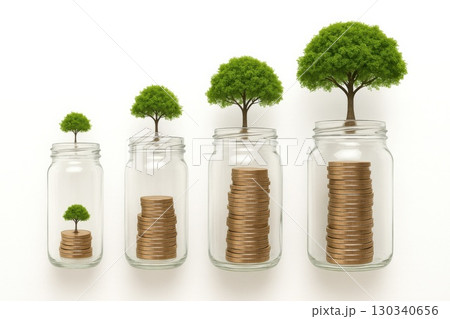 Growing Trees in Glass Jars Sustainable Investment Growth Concept Minimal Flat Lay Design White Background 130340656