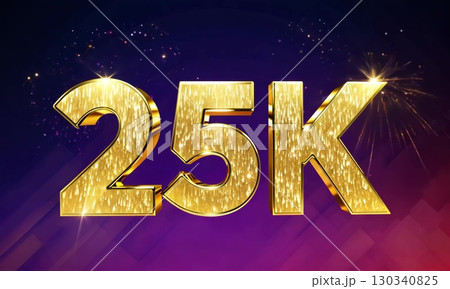 25k golden shiny number celebrating anniversary with fireworks on purple background 130340825