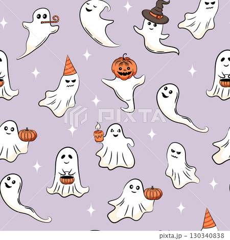 Halloween cute funny ghosts in party costumes on night background. Hand drawn festive characters vector illustration. Seamless pattern. Halloween cute funny ghosts in party costumes on night background. Hand drawn festive characters vector illustration. Seamless pattern. 130340838