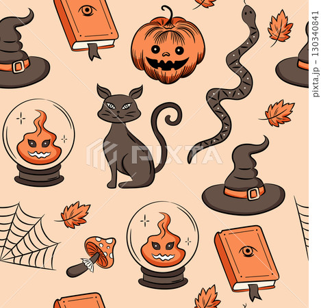 Halloween seamless pattern. Black cat, witch hat, glass ball, fly agaric, pumpkin jack lantern, cobweb. Halloween illustration in orange color. Halloween seamless pattern. Black cat, witch hat, glass ball, fly agaric, pumpkin jack lantern, cobweb. Halloween illustration in orange color. 130340841