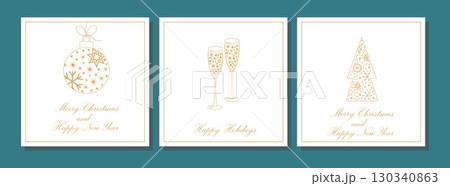 Christmas card in minimalism style. Geometric linear pattern with Christmas and Happy New Year. Christmas abstraction for greetings, invitations, banners, backgrounds. 130340863