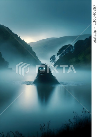A colossal, horned humanoid creature emerges from a misty lake, surrounded by rolling hills 130340867