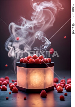 A stylish arrangement of fresh raspberries inside a cylindrical container with subtle backlighting.	 130340887