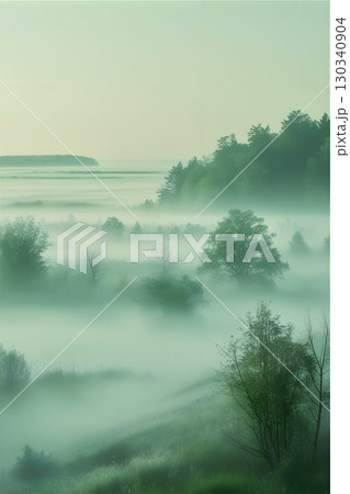 Coniferous trees rise through dense fog, creating a serene forest scene. 130340904