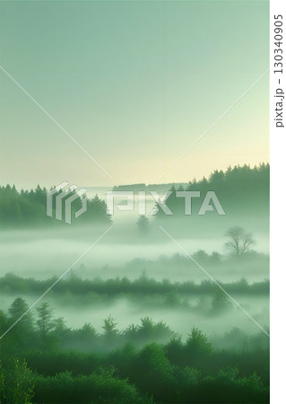 Coniferous trees rise through dense fog, creating a serene forest scene. 130340905