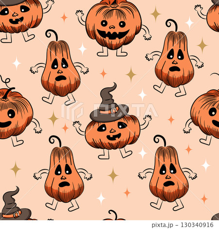 Cute Halloween seamless pattern. Jack-o-lantern pumpkins with arms and legs on light pink background. 130340916